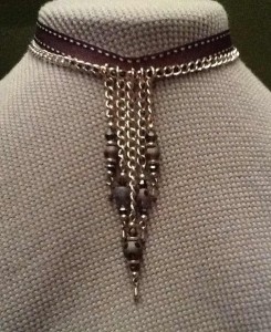 Purple Ribbon & Silver Plate Chain with Purple Cathedral Glass & Purple Crystals