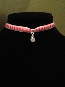 Choker: Pink Milky Crystal Element Pendant On Ribbon W/ Silver Plated Bail & Clasp $15