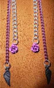 Pink Metal & Silver Plate Chain Earrings With Metal Accents- close-up