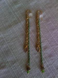 another view of green & gold plate chain earrings- $15